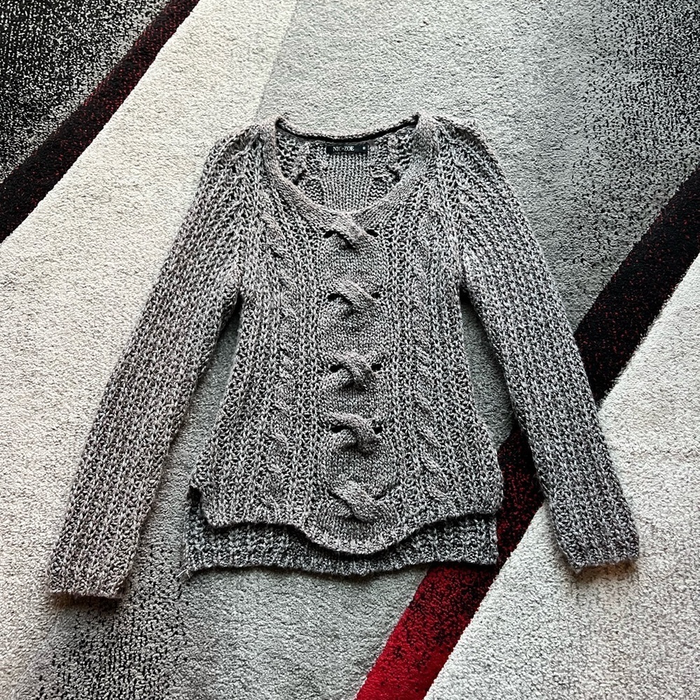 Nic+Zoe Cable Knit Fisherman V Neck Wool Blend Sweater
